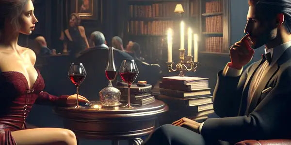 A couple in a luxurious library share an intimate conversation, surrounded by seductive lighting and hints of erotic art.