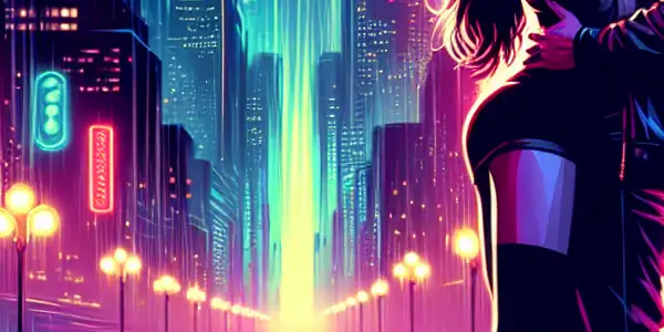 A passionate couple shares an intimate moment in a vibrant, neon-lit urban nightlife setting.