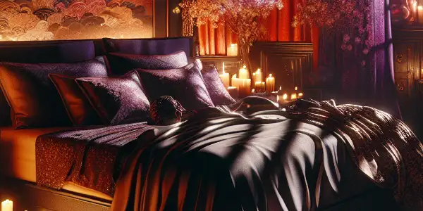 A serene, dimly lit bedroom with a plush bed, soft hues, and a starry night sky.