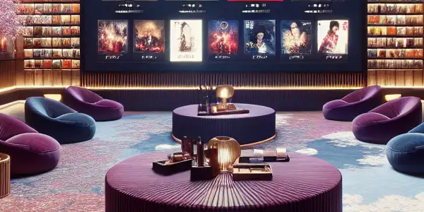 A cozy virtual lounge featuring a modern interface for Japanese adult films, with plush seating and warm lighting.