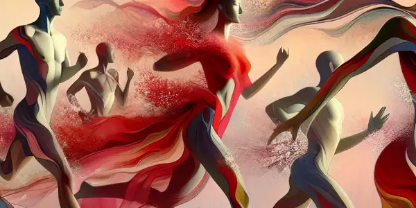 Abstract marathon participants in flowing fabrics amidst cherry blossoms, evoking intimacy, warmth, and sensuality.