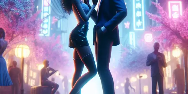 A romantic night scene with neon lights, diverse characters, and a passionate couple amidst cherry blossoms.