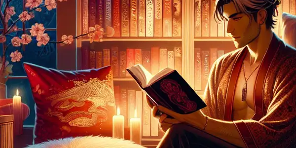 An intimate reading nook filled with diverse erotic novels, featuring a person immersed in a book amidst soft candlelight.