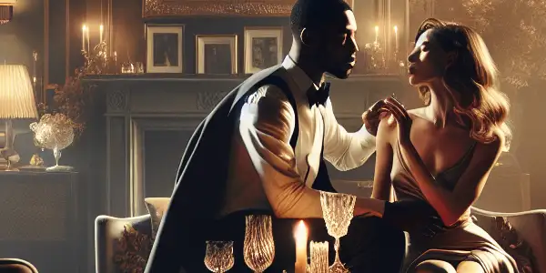 A passionate couple in a cozy, dimly lit living room, exuding intimacy and connection amidst tasteful decor.