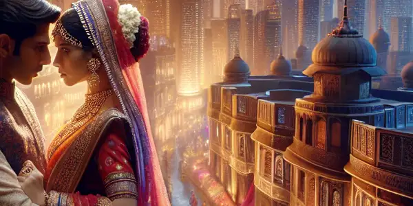 A couple shares an intimate moment against a vibrant Indian city skyline at dusk, blending modern and traditional elements.