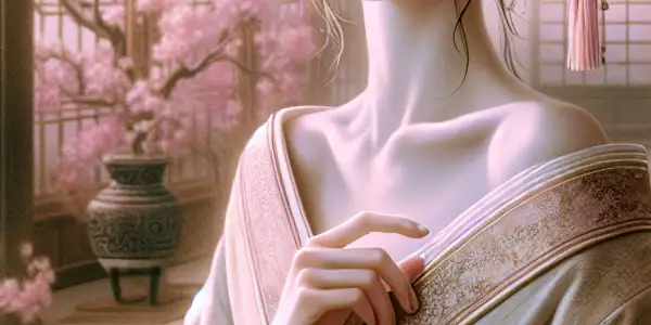 A captivating woman in a kimono poses in a serene Japanese room, blending innocence and sensuality amid cherry blossoms.