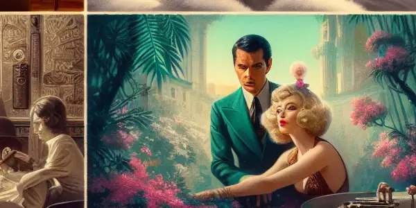 A captivating collage representing the essence of five classic erotic films through distinctive settings and emotions.