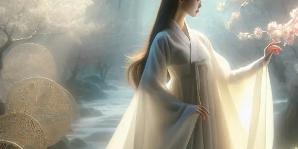 A serene actress stands among glowing cherry blossoms, wearing a flowing white dress in an ethereal, dreamy landscape.