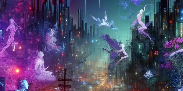 A futuristic cityscape with neon lights and holographic screens displaying diverse silhouettes in sensual poses.