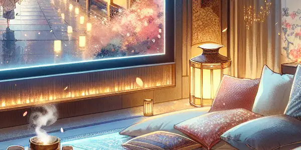 An intimate, cozy room with elegant decor, a large screen displaying a vibrant movie, and hints of Japanese culture.