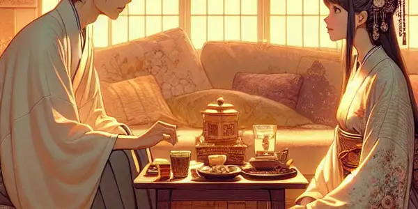 Two characters in a cozy living room share intimate glances, reflecting gradual emotional development and connection.