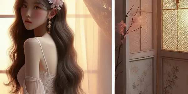 A serene Japanese-inspired room with a gentle character, cherry blossoms, and soft pastel colors evoking purity and subtle passion.