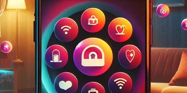 A modern smartphone interface displaying colorful adult content apps in a cozy, dimly-lit room emphasizing privacy and comfort.