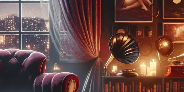 A cozy, intimate room with plush furnishings, a vintage record player, and hints of adult-themed storytelling.