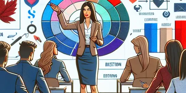 A modern classroom illustrating emotional color classification for adult videos, featuring engaged students and a charismatic teacher.