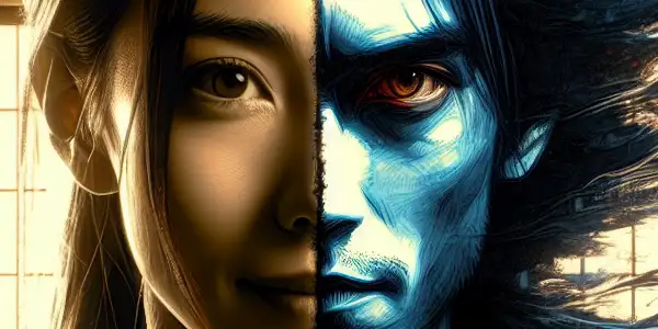 A dramatic scene depicting two characters representing gentleness and brutality in a traditional Japanese setting.