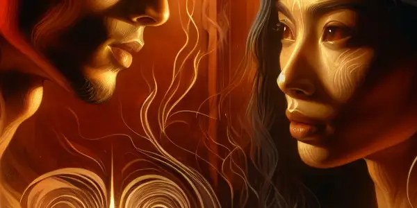 Two characters share an intense gaze in a romantic setting, embodying love at first sight amidst swirling emotional patterns.