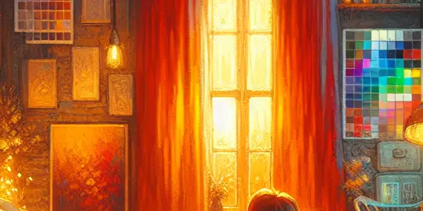 A cozy bedroom with warm colors, featuring a couple sharing a tender moment and a glowing projector screen.