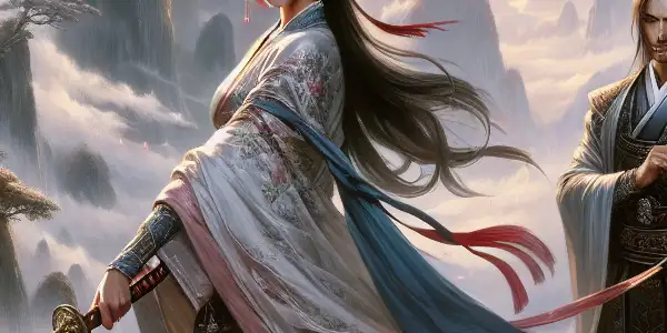 A fierce female warrior and a dashing male swordsman stand in a misty, ancient landscape, embodying passion and adventure.