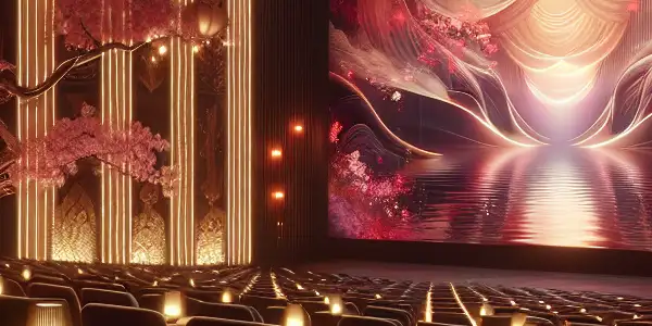 A sophisticated cinema scene with plush seating, abstract visuals, and Japanese cultural elements, evoking intimacy and passion.