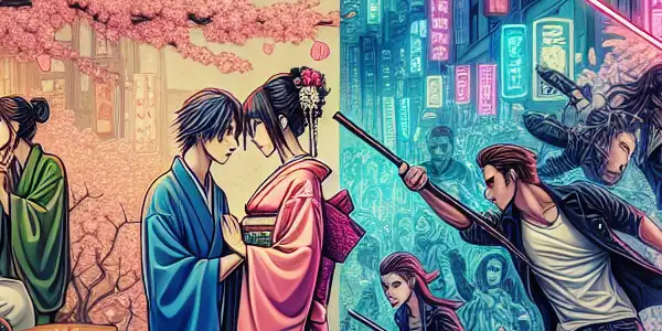 A split scene contrasting Asian romantic elegance with Western boldness in adult entertainment, showcasing cultural themes and vibrant interactions.