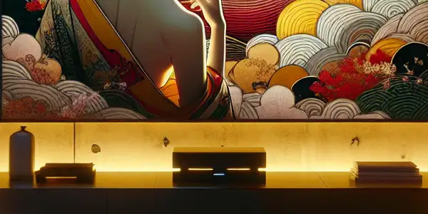 A cozy viewing room featuring a plush sofa, Asian decor, and a modern TV displaying abstract art.