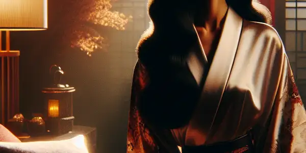 A glamorous actress in a silk robe, captured in a passionate moment in a dimly lit, elegant bedroom.