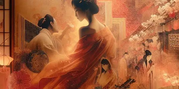 A vibrant, inviting scene reflecting the allure of Japanese adult films with elegant cultural motifs and intimate silhouettes.