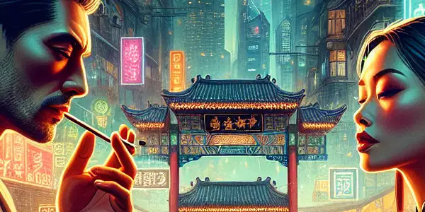 A vibrant night scene in a Chinese city showcasing emotional connections amidst modern and traditional elements.